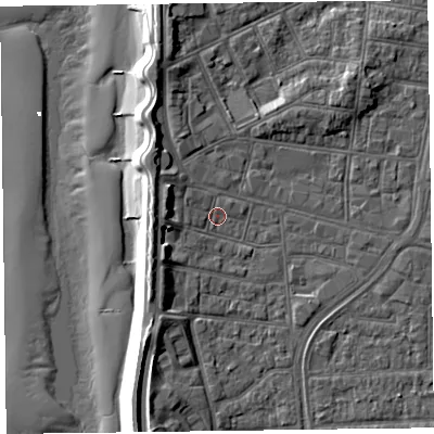 Shaded relief map of the ground around FY51BY, computed from Environment Agency LiDAR. The ground here sits at about 5 m above sea level and falls 12 m across the surrounding 800 m. Surface water reaching this point runs off ground lying to the west, 3.7 m higher.