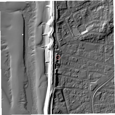 Shaded relief map of the ground around FY51BZ, computed from Environment Agency LiDAR. The ground here sits at about 7 m above sea level and falls 13 m across the surrounding 800 m. Surface water reaching this point runs off ground lying to the south-south-west, 2.8 m higher.