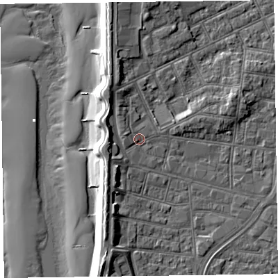 Shaded relief map of the ground around FY51DA, computed from Environment Agency LiDAR. The ground here sits at about 6 m above sea level and falls 12 m across the surrounding 800 m. Surface water reaching this point runs off ground lying to the north-west, 1.5 m higher.