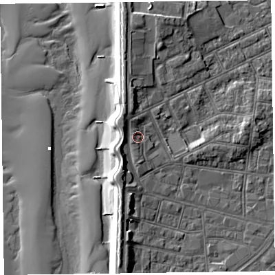 Shaded relief map of the ground around FY51DB, computed from Environment Agency LiDAR. The ground here sits at about 6 m above sea level and falls 12 m across the surrounding 800 m. Surface water reaching this point runs off ground lying to the north-west, 2.4 m higher.