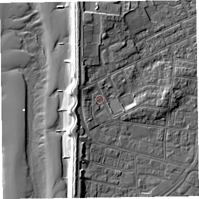 Shaded relief map of the ground around FY51DE, computed from Environment Agency LiDAR. The ground here sits at about 6 m above sea level and falls 11 m across the surrounding 800 m. Surface water reaching this point runs off ground lying to the north-north-west, 3.8 m higher.