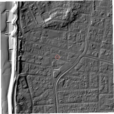 Shaded relief map of the ground around FY51DF, computed from Environment Agency LiDAR. The ground here sits at about 4 m above sea level and falls 10 m across the surrounding 800 m. Surface water reaching this point runs off ground lying to the east, 0.8 m higher.