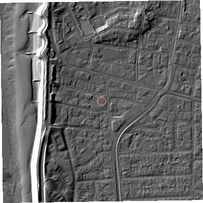 Shaded relief map of the ground around FY51DG, computed from Environment Agency LiDAR. The ground here sits at about 5 m above sea level and falls 11 m across the surrounding 800 m. Surface water reaching this point runs off ground lying to the north-west, 4.7 m higher.