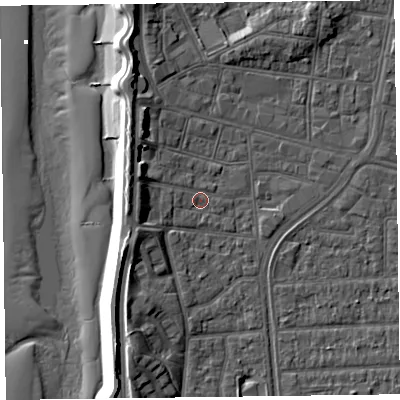 Shaded relief map of the ground around FY51DH, computed from Environment Agency LiDAR. The ground here sits at about 5 m above sea level and falls 11 m across the surrounding 800 m. Surface water reaching this point runs off ground lying to the west-south-west, 4.7 m higher.