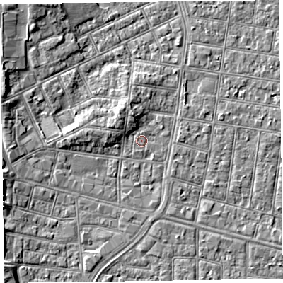Shaded relief map of the ground around FY51DJ, computed from Environment Agency LiDAR. The ground here sits at about 5 m above sea level and falls 5 m across the surrounding 800 m. Surface water reaching this point runs off ground lying to the north-north-west, 2.1 m higher.