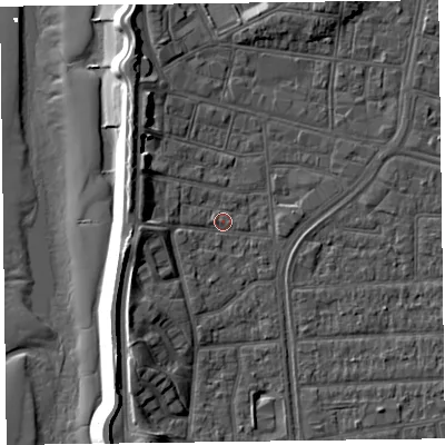Shaded relief map of the ground around FY51DL, computed from Environment Agency LiDAR. The ground here sits at about 5 m above sea level and falls 11 m across the surrounding 800 m. Surface water reaching this point runs off ground lying to the west-south-west, 4.6 m higher.