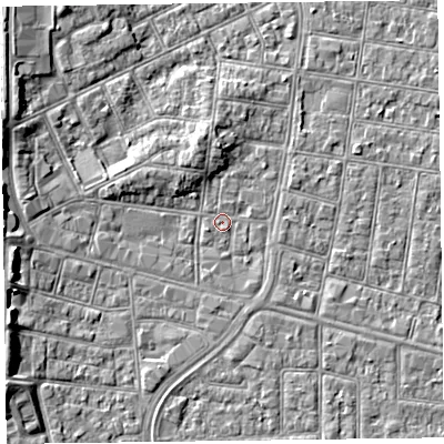 Shaded relief map of the ground around FY51DP, computed from Environment Agency LiDAR. The ground here sits at about 5 m above sea level and falls 5 m across the surrounding 800 m. Surface water reaching this point runs off ground lying to the north-north-west, 3.1 m higher.