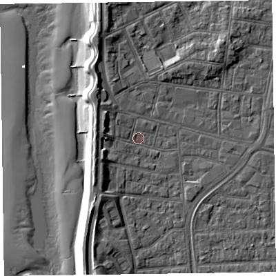 Shaded relief map of the ground around FY51DQ, computed from Environment Agency LiDAR. The ground here sits at about 5 m above sea level and falls 12 m across the surrounding 800 m. Surface water reaching this point runs off ground lying to the west-north-west, 4.0 m higher.