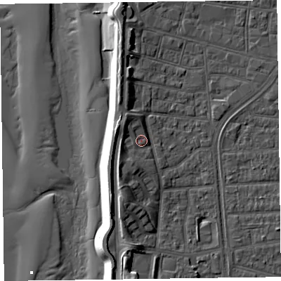Shaded relief map of the ground around FY51DR, computed from Environment Agency LiDAR. The ground here sits at about 6 m above sea level and falls 13 m across the surrounding 800 m. Surface water reaching this point runs off ground lying to the north-west, 3.8 m higher.