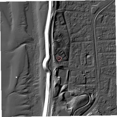 Shaded relief map of the ground around FY51DT, computed from Environment Agency LiDAR. The ground here sits at about 7 m above sea level and falls 15 m across the surrounding 800 m. Surface water reaching this point runs off ground lying to the north-north-west, 2.8 m higher.