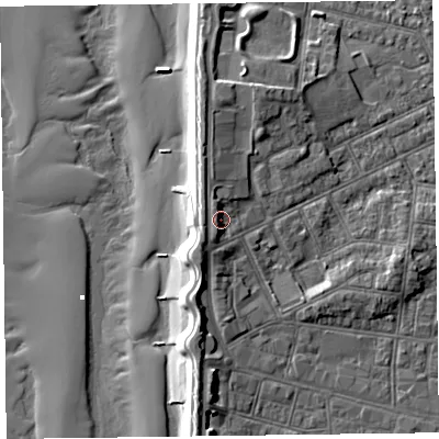 Shaded relief map of the ground around FY51DW, computed from Environment Agency LiDAR. The ground here sits at about 8 m above sea level and falls 12 m across the surrounding 800 m. Surface water reaching this point runs off ground lying to the north, 0.9 m higher.