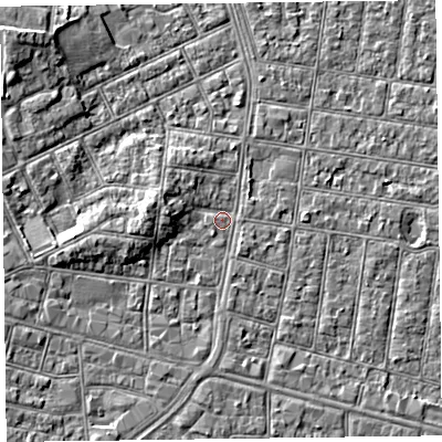Shaded relief map of the ground around FY51DX, computed from Environment Agency LiDAR. The ground here sits at about 5 m above sea level and falls 5 m across the surrounding 800 m. Surface water reaching this point runs off ground lying to the west, 2.5 m higher.