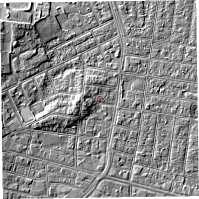 Shaded relief map of the ground around FY51DY, computed from Environment Agency LiDAR. The ground here sits at about 5 m above sea level and falls 5 m across the surrounding 800 m. Surface water reaching this point runs off ground lying to the west-south-west, 2.5 m higher.