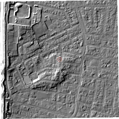 Shaded relief map of the ground around FY51EA, computed from Environment Agency LiDAR. The ground here sits at about 6 m above sea level and falls 7 m across the surrounding 800 m. Surface water reaching this point runs off ground lying to the south, 1.3 m higher.