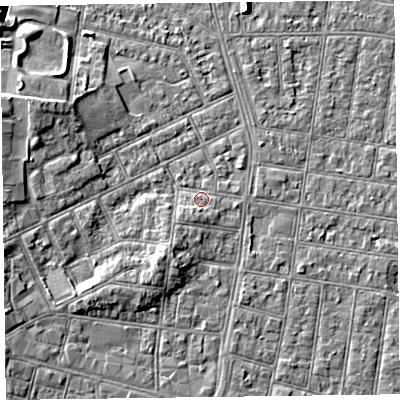 Shaded relief map of the ground around FY51EB, computed from Environment Agency LiDAR. The ground here sits at about 5 m above sea level and falls 5 m across the surrounding 800 m. Surface water reaching this point runs off ground lying to the south-south-west, 1.3 m higher.
