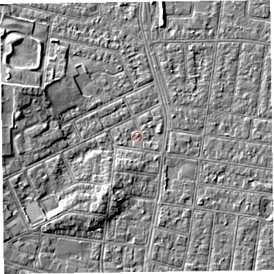 Shaded relief map of the ground around FY51ED, computed from Environment Agency LiDAR. The ground here sits at about 5 m above sea level and falls 5 m across the surrounding 800 m. Surface water reaching this point runs off ground lying to the south, 1.3 m higher.