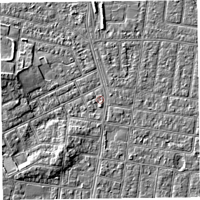 Shaded relief map of the ground around FY51EE, computed from Environment Agency LiDAR. The ground here sits at about 5 m above sea level and falls 5 m across the surrounding 800 m. Surface water reaching this point runs off ground lying to the south-south-west, 1.3 m higher.