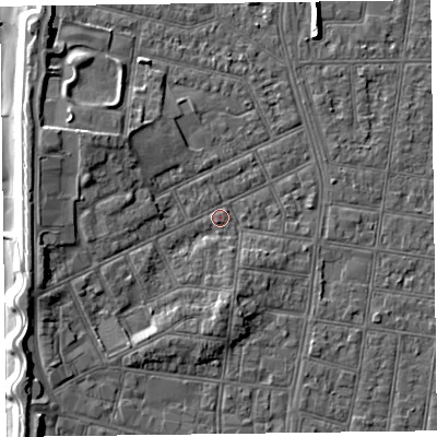 Shaded relief map of the ground around FY51EG, computed from Environment Agency LiDAR. The ground here sits at about 5 m above sea level and falls 8 m across the surrounding 800 m. Surface water reaching this point runs off ground lying to the west-north-west, 4.5 m higher.
