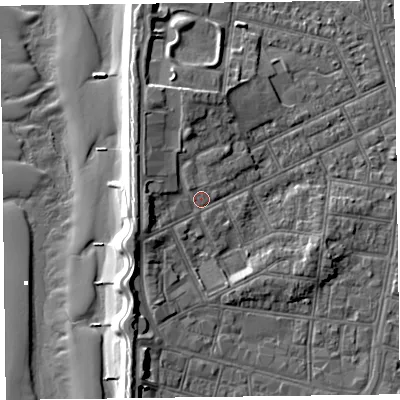 Shaded relief map of the ground around FY51EH, computed from Environment Agency LiDAR. The ground here sits at about 6 m above sea level and falls 11 m across the surrounding 800 m. Surface water reaching this point runs off ground lying to the north-north-west, 3.2 m higher.