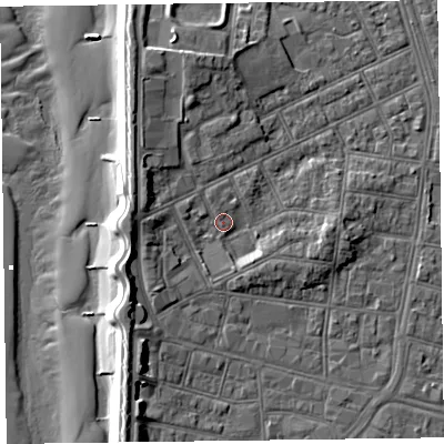 Shaded relief map of the ground around FY51EP, computed from Environment Agency LiDAR. The ground here sits at about 6 m above sea level and falls 11 m across the surrounding 800 m. Surface water reaching this point runs off ground lying to the east, 2.8 m higher.