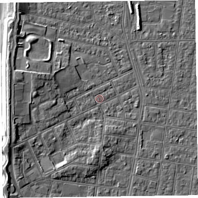 Shaded relief map of the ground around FY51EQ, computed from Environment Agency LiDAR. The ground here sits at about 5 m above sea level and falls 7 m across the surrounding 800 m. Surface water reaching this point runs off ground lying to the west-north-west, 4.5 m higher.