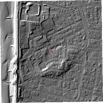 Shaded relief map of the ground around FY51ES, computed from Environment Agency LiDAR. The ground here sits at about 5 m above sea level and falls 10 m across the surrounding 800 m. Surface water reaching this point runs off ground lying to the south-east, 3.0 m higher.