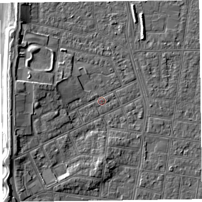 Shaded relief map of the ground around FY51ET, computed from Environment Agency LiDAR. The ground here sits at about 5 m above sea level and falls 7 m across the surrounding 800 m. Surface water reaching this point runs off ground lying to the west-north-west, 4.5 m higher.