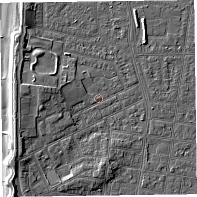 Shaded relief map of the ground around FY51EU, computed from Environment Agency LiDAR. The ground here sits at about 5 m above sea level and falls 8 m across the surrounding 800 m. Surface water reaching this point runs off ground lying to the west, 4.5 m higher.