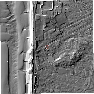 Shaded relief map of the ground around FY51EW, computed from Environment Agency LiDAR. The ground here sits at about 6 m above sea level and falls 11 m across the surrounding 800 m. Surface water reaching this point runs off ground lying to the west, 2.7 m higher.
