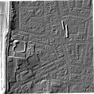 Shaded relief map of the ground around FY51EY, computed from Environment Agency LiDAR. The ground here sits at about 5 m above sea level and falls 8 m across the surrounding 800 m. Surface water reaching this point runs off ground lying to the west-south-west, 4.5 m higher.