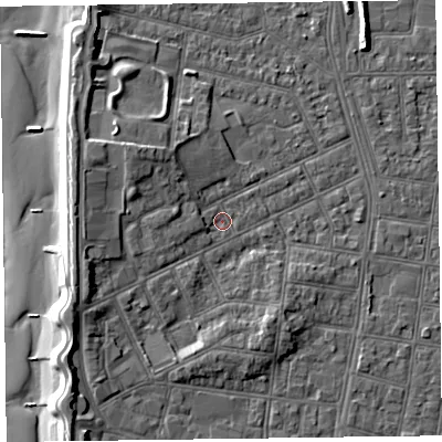 Shaded relief map of the ground around FY51EZ, computed from Environment Agency LiDAR. The ground here sits at about 5 m above sea level and falls 10 m across the surrounding 800 m. Surface water reaching this point runs off ground lying to the west, 1.6 m higher.