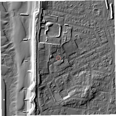 Shaded relief map of the ground around FY51FD, computed from Environment Agency LiDAR. The ground here sits at about 7 m above sea level and falls 11 m across the surrounding 800 m. Surface water reaching this point runs off ground lying to the north-north-west, 2.3 m higher.