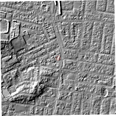 Shaded relief map of the ground around FY51HA, computed from Environment Agency LiDAR. The ground here sits at about 5 m above sea level and falls 5 m across the surrounding 800 m. Surface water reaching this point runs off ground lying to the south-south-west, 1.3 m higher.