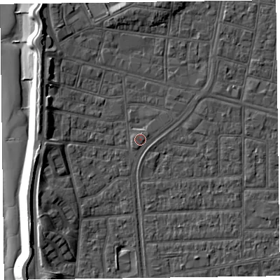 Shaded relief map of the ground around FY51HD, computed from Environment Agency LiDAR. The ground here sits at about 5 m above sea level and falls 10 m across the surrounding 800 m. Surface water reaching this point runs off ground lying to the east-south-east, 0.6 m higher.