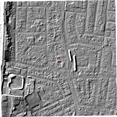 Shaded relief map of the ground around FY51HF, computed from Environment Agency LiDAR. The ground here sits at about 5 m above sea level and falls 6 m across the surrounding 800 m. Surface water reaching this point runs off ground lying to the south-east, 1.0 m higher.