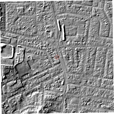 Shaded relief map of the ground around FY51HG, computed from Environment Agency LiDAR. The ground here sits at about 5 m above sea level and falls 5 m across the surrounding 800 m. Surface water reaching this point runs off ground lying to the west-north-west, 0.6 m higher.