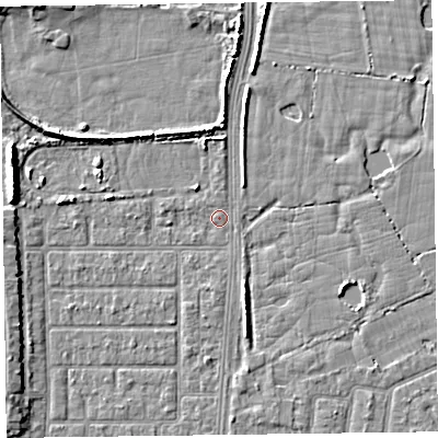 Shaded relief map of the ground around FY51HH, computed from Environment Agency LiDAR. The ground here sits at about 5 m above sea level and falls 5 m across the surrounding 800 m. Surface water reaching this point runs off ground lying to the west, 5.4 m higher.