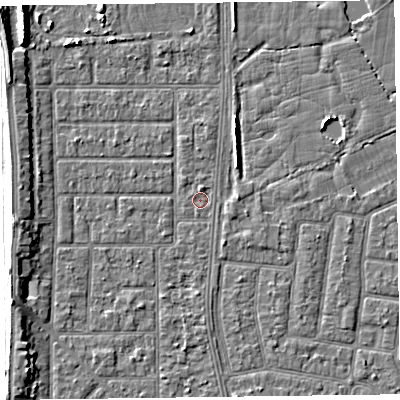 Shaded relief map of the ground around FY51HJ, computed from Environment Agency LiDAR. The ground here sits at about 5 m above sea level and falls 5 m across the surrounding 800 m. Surface water reaching this point runs off ground lying to the north-north-east, 0.7 m higher.