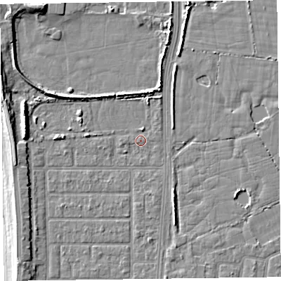 Shaded relief map of the ground around FY51HP, computed from Environment Agency LiDAR. The ground here sits at about 5 m above sea level and falls 7 m across the surrounding 800 m. Surface water reaching this point runs off ground lying to the north-west, 5.9 m higher.