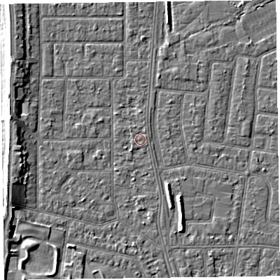 Shaded relief map of the ground around FY51HQ, computed from Environment Agency LiDAR. The ground here sits at about 5 m above sea level and falls 6 m across the surrounding 800 m. Surface water reaching this point runs off ground lying to the south-south-east, 0.5 m higher.