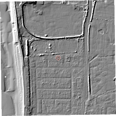 Shaded relief map of the ground around FY51HR, computed from Environment Agency LiDAR. The ground here sits at about 5 m above sea level and falls 11 m across the surrounding 800 m. Surface water reaching this point runs off ground lying to the west, 5.0 m higher.