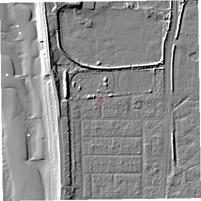Shaded relief map of the ground around FY51HS, computed from Environment Agency LiDAR. The ground here sits at about 5 m above sea level and falls 12 m across the surrounding 800 m. Surface water reaching this point runs off ground lying to the west-north-west, 1.5 m higher.