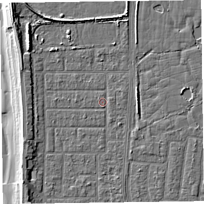 Shaded relief map of the ground around FY51HT, computed from Environment Agency LiDAR. The ground here sits at about 5 m above sea level and falls 9 m across the surrounding 800 m. Surface water reaching this point runs off ground lying to the north-west, 5.4 m higher.