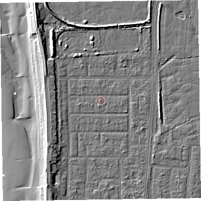 Shaded relief map of the ground around FY51HU, computed from Environment Agency LiDAR. The ground here sits at about 5 m above sea level and falls 10 m across the surrounding 800 m. Surface water reaching this point runs off ground lying to the west, 1.1 m higher.