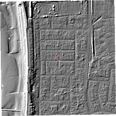 Shaded relief map of the ground around FY51HX, computed from Environment Agency LiDAR. The ground here sits at about 5 m above sea level and falls 10 m across the surrounding 800 m. Surface water reaching this point runs off ground lying to the east, 0.9 m higher.