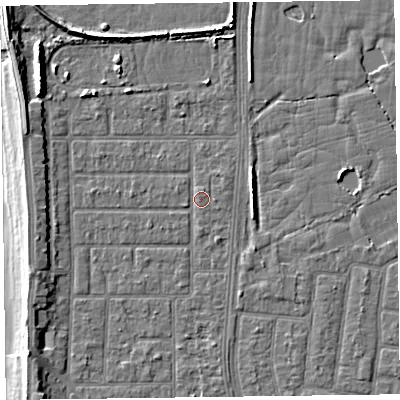 Shaded relief map of the ground around FY51HZ, computed from Environment Agency LiDAR. The ground here sits at about 5 m above sea level and falls 8 m across the surrounding 800 m. Surface water reaching this point runs off ground lying to the north-west, 5.4 m higher.