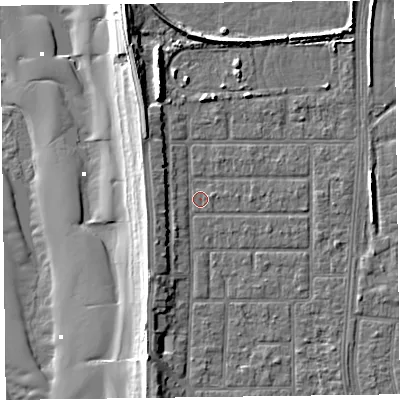 Shaded relief map of the ground around FY51JB, computed from Environment Agency LiDAR. The ground here sits at about 5 m above sea level and falls 12 m across the surrounding 800 m. The ground contributing surface water to this point lies to the east-north-east.