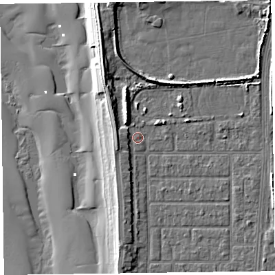 Shaded relief map of the ground around FY51JD, computed from Environment Agency LiDAR. The ground here sits at about 6 m above sea level and falls 12 m across the surrounding 800 m. Surface water reaching this point runs off ground lying to the north-west, 3.1 m higher.