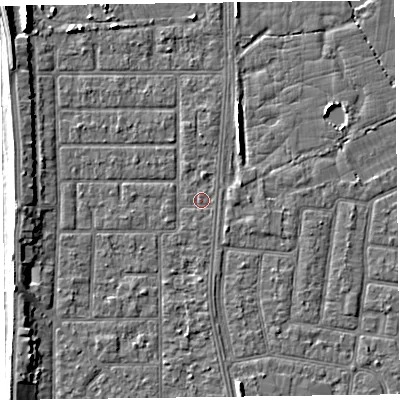 Shaded relief map of the ground around FY51JF, computed from Environment Agency LiDAR. The ground here sits at about 5 m above sea level and falls 6 m across the surrounding 800 m. Surface water reaching this point runs off ground lying to the north-north-east, 0.8 m higher.