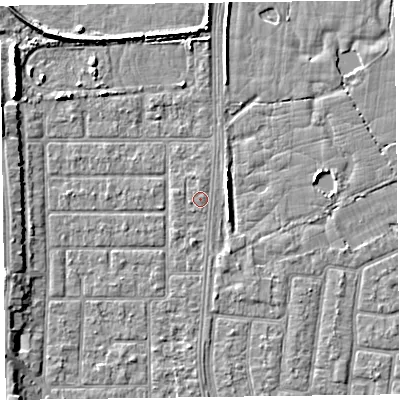 Shaded relief map of the ground around FY51JG, computed from Environment Agency LiDAR. The ground here sits at about 5 m above sea level and falls 5 m across the surrounding 800 m. The ground contributing surface water to this point lies to the south.